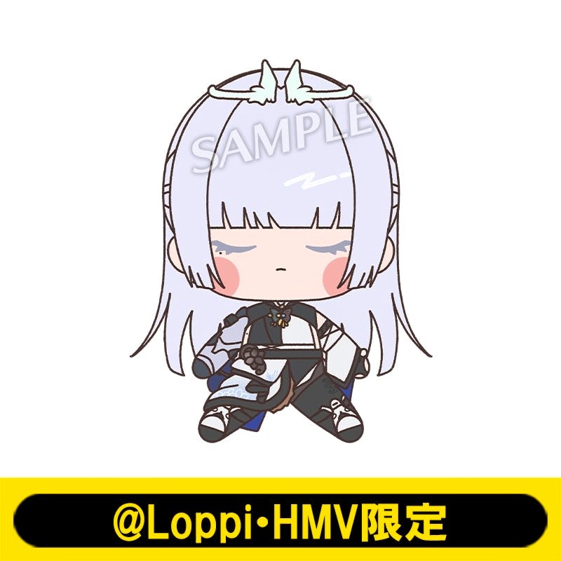 Front-view illustration of the もちどる(ナユタ) plush showing the chibi character with pale lavender hair and closed eyes sitting.
