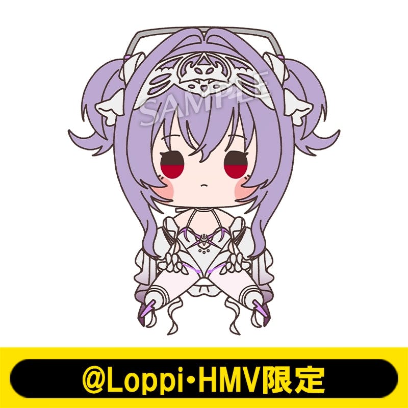 Front-view sample illustration of the Mochidoll (リバーレリオ) plush showing a chibi purple-haired character with a "SAMPLE" watermark and a yellow "@Loppi・HMV限定" banner beneath.