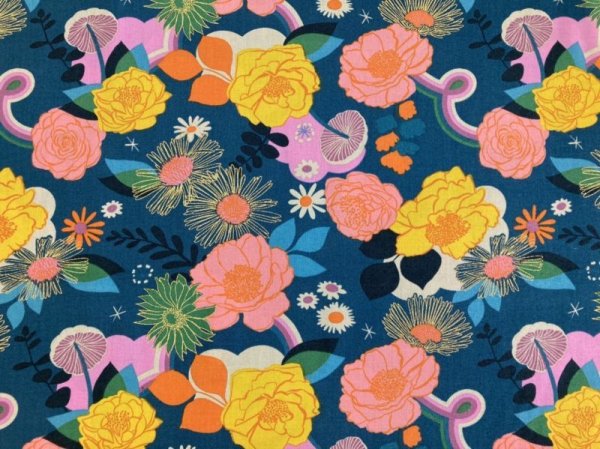 Navy cotton fabric (moda RS0047-16M Reverie) showing a multicolored floral print with pink and yellow flowers.