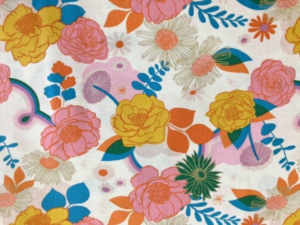 Off-white dyed cotton fabric with a multicolored floral pattern of pink, yellow, orange, blue, and green flowers and leaves.