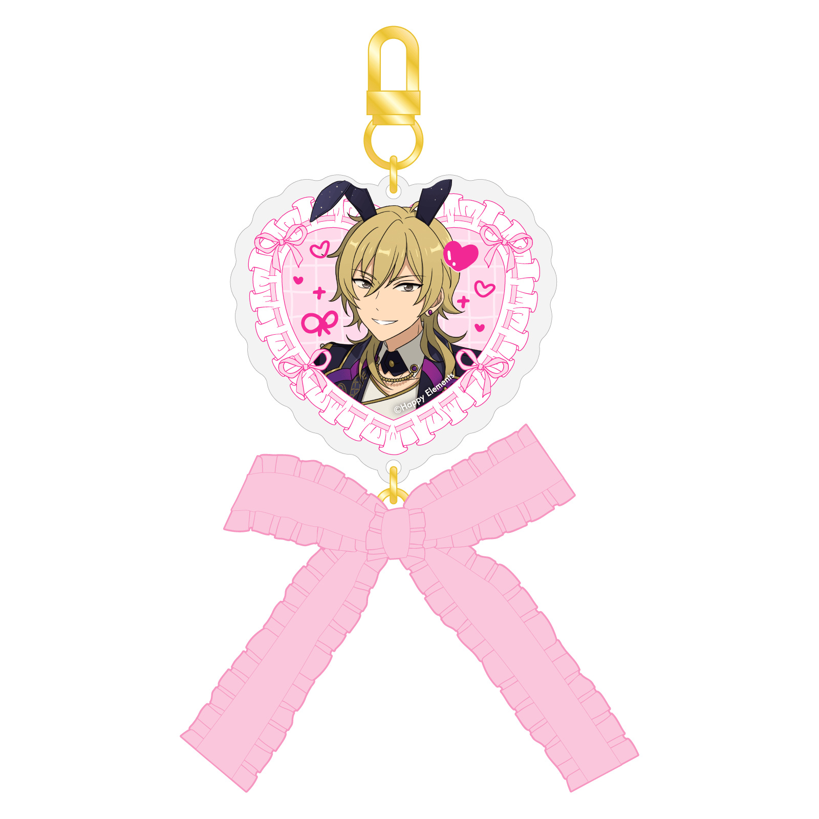 Heart-shaped anime character keychain with a pink frilled border, gold metal clip, and a large pink ribbon bow.