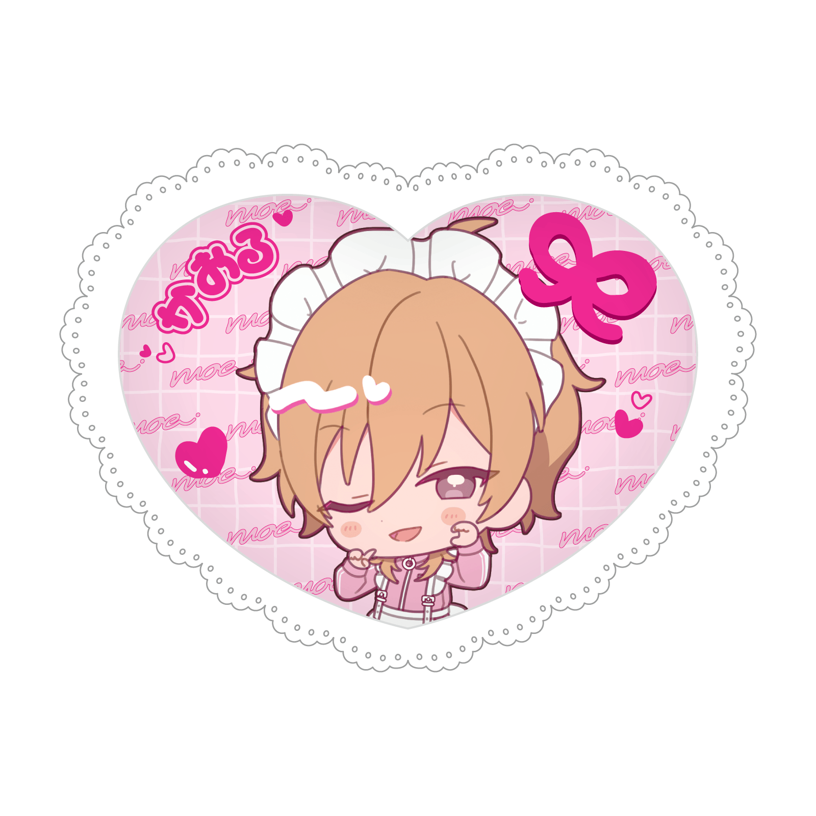 Heart-shaped cushion badge with a pink checked background and a chibi character wearing a maid headband.