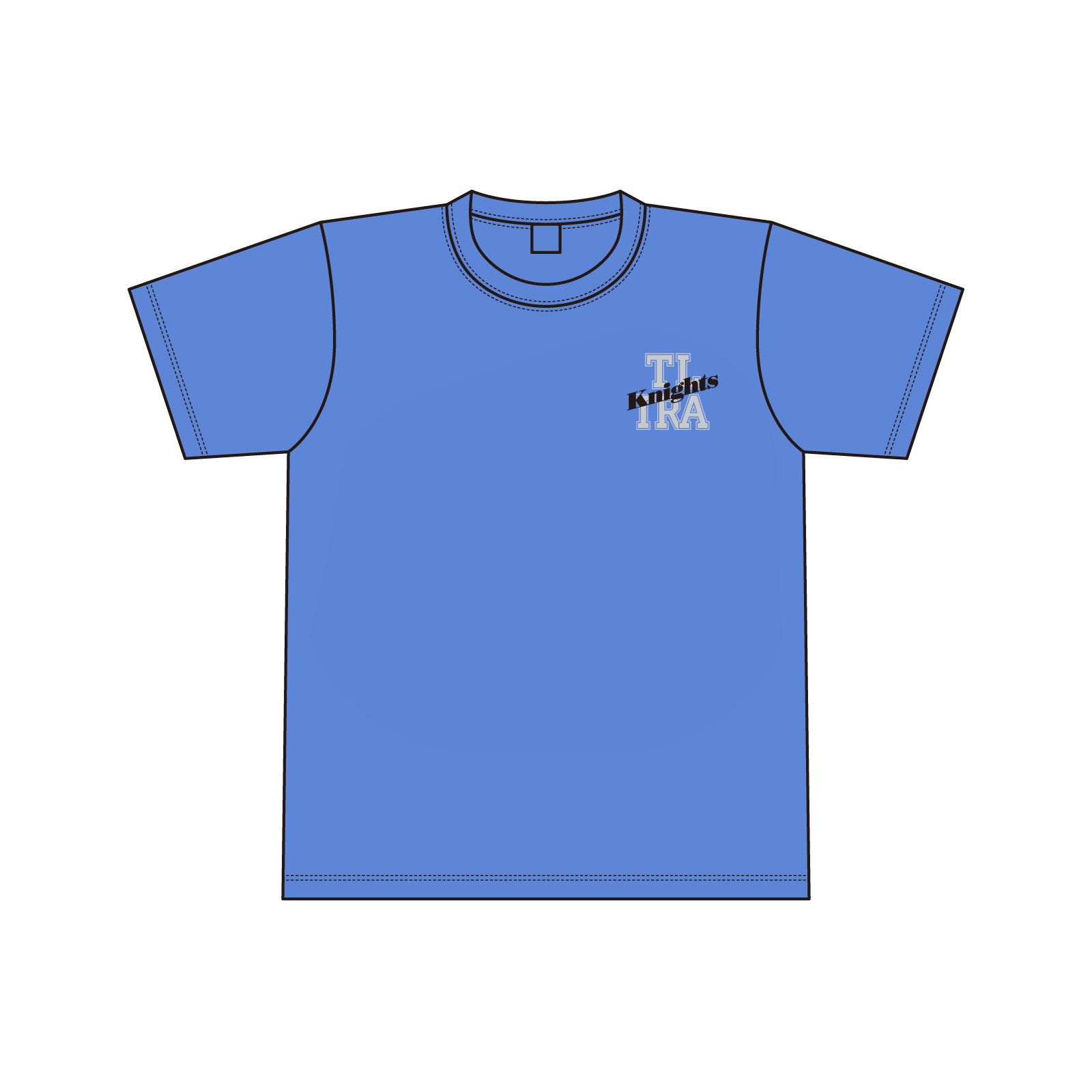 Flat front view of a blue cotton T-shirt with a small chest print reading “Knights” over outlined letters.
