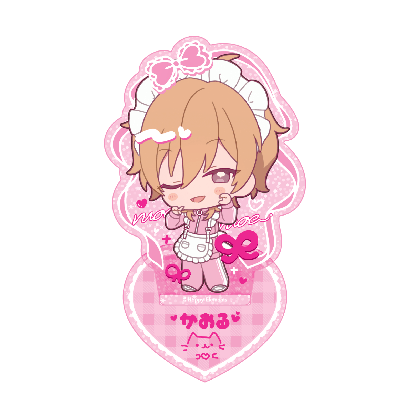 Pink acrylic character stand showing a chibi figure wearing a maid headband and apron on a heart-shaped pink base.