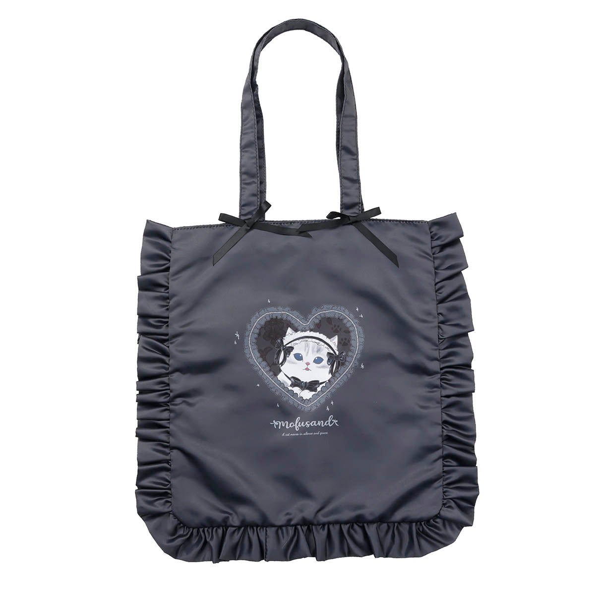 Front view of the mofusand Balletcore tote bag in black with ruffled edges, a black ribbon bow at the top, and a cat face printed inside a heart.