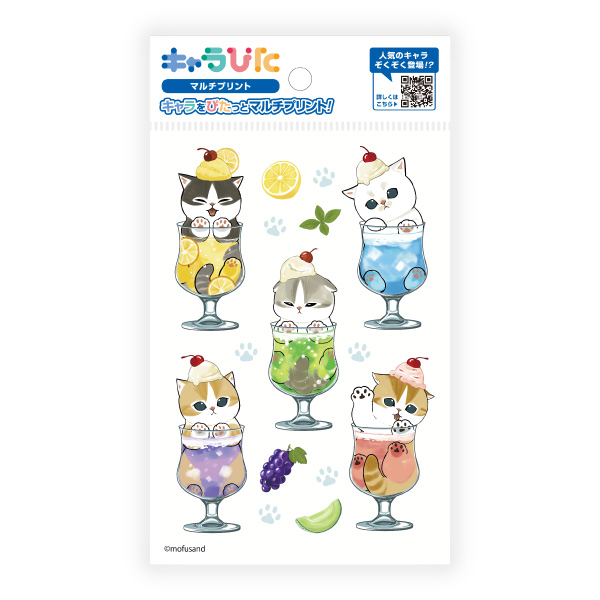 A decal sticker sheet showing six illustrated cats sitting in dessert glasses with fruit accents and a branded header.
