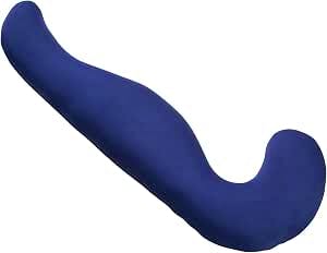 Navy curved body-supporting pillow with ergonomic contours on a white background.