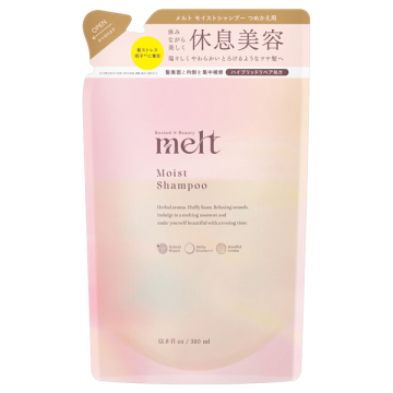 Refill pouch for Moist Shampoo (380 ml) in pink gradient packaging labeled with the brand and Geranium & Muguet scent.