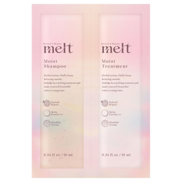 Two 10 ml sachets side-by-side labeled “melt Moist Shampoo” and “Moist Treatment” in pink gradient packaging.