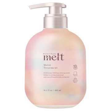 Front view of the Moist Treatment pump bottle showing the 'melt' label and pastel gradient design.