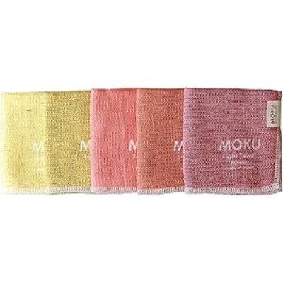 Five MOKU cotton handkerchiefs in lemon, yellow, mandarin, orange, and maroon arranged side by side.