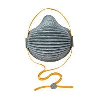 Front view of a gray disposable N95-style mask with yellow straps and an adjustable cord.