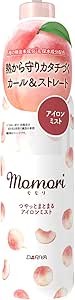 Photo of the Momori Glimmering Iron Mist styling agent bottle with a pink cap and peach-petal illustrations on the label.