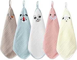 Five hanging gauze handkerchiefs (face towels) with animal face prints and hanging loops in assorted colors.