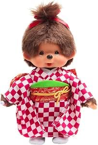 Front view of the Kurutsuki Monchich Girl plush wearing a red and white checkered kimono with a green obi and a topknot hairstyle.