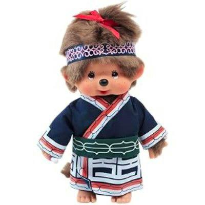 Front view of the Kurutsuki Original Kimono Monchichi plush doll wearing a blue kimono, green obi, and headband.