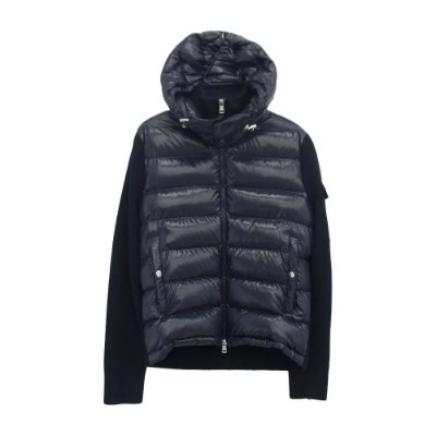 Front view of a women's Moncler nylon cardigan-style jacket with quilted puffer front, hood, and long sleeves.