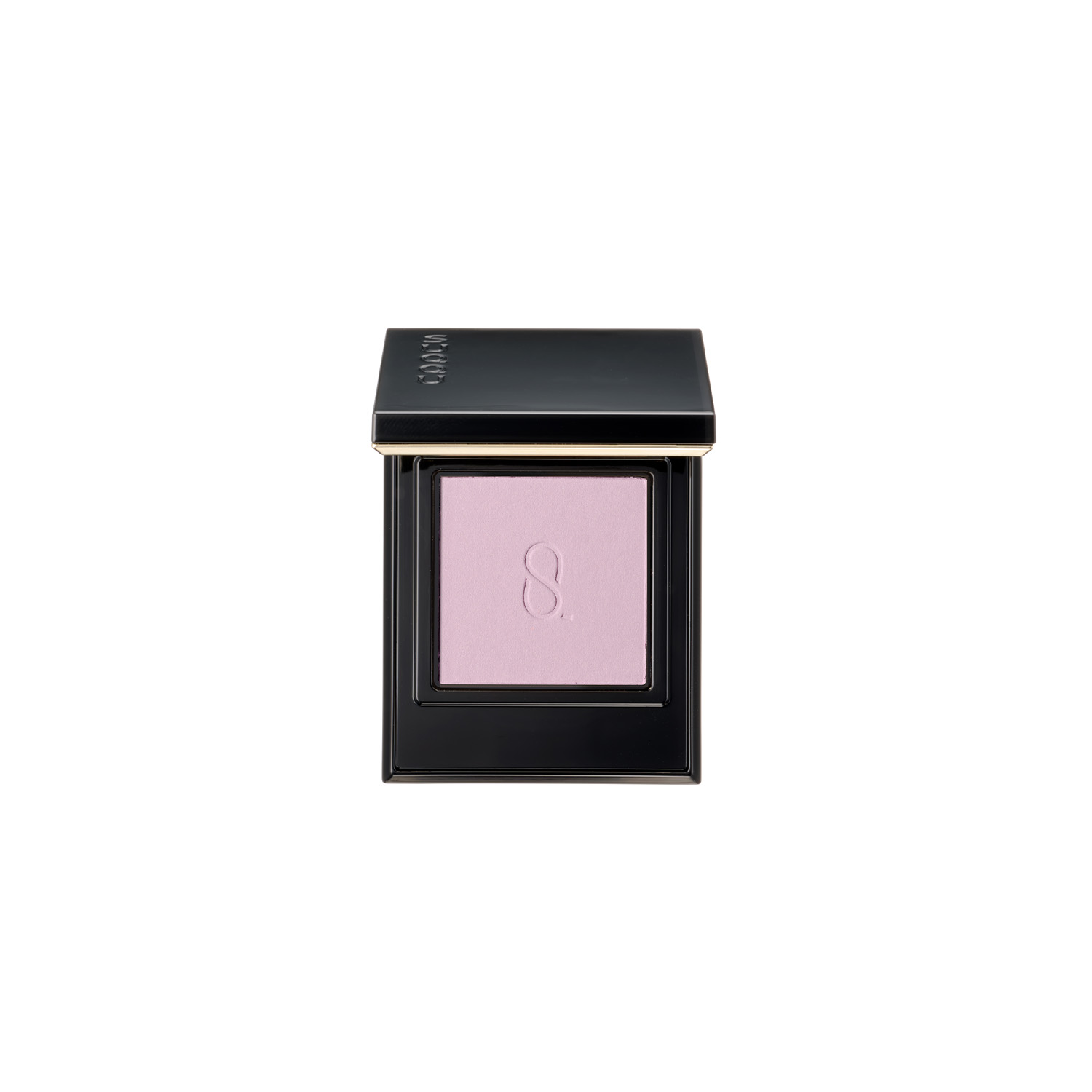A square lavender single-pan eye shadow in a black compact case with the lid partially open.