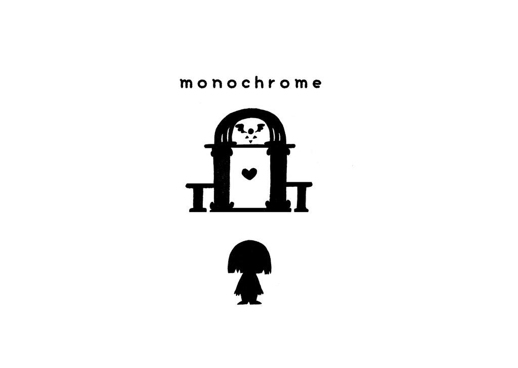 Cover art for the comic book "monochrome" showing the title above a black silhouette archway and a small silhouetted character.