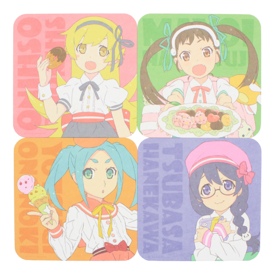 Four square polyester coasters showing illustrated characters from the Monogatari series arranged in a 2×2 grid.