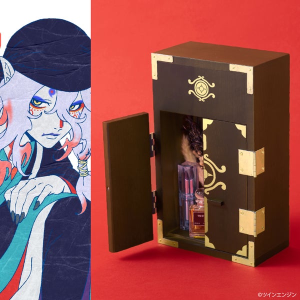 Wooden small-item case in a backpack-style design from the Mononoke film, standing open on a red background showing items inside.