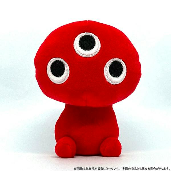 Front view of the red three-eyed 百目ちゃん plush toy on a white background.