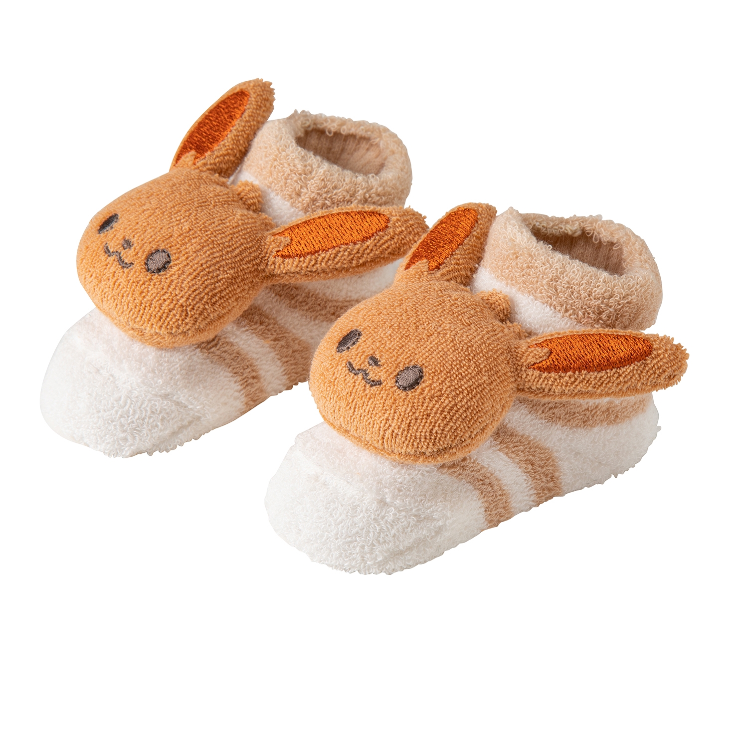 A pair of baby Eevee pile socks with plush Eevee faces and ears.