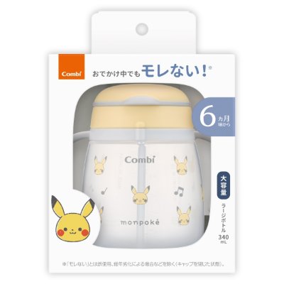 Packaged Combi leak‑proof straw baby bottle (340 ml) with Pikachu illustrations visible through the box window.