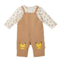 Front view of a children's long-sleeve salopette-style romper in medium beige with a patterned long-sleeve inner top and two yellow character-face knee patches.