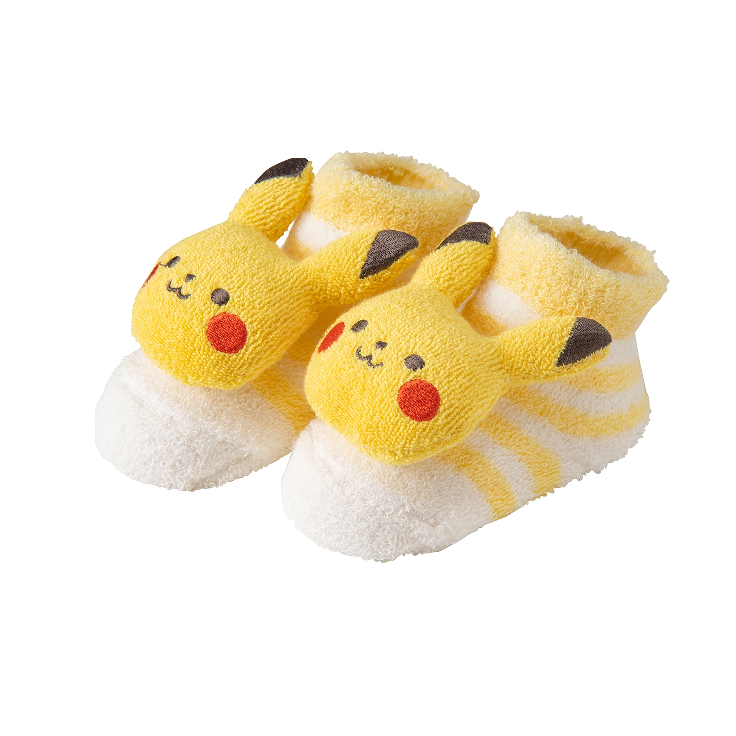 Yellow Pikachu baby pile socks with plush Pikachu faces and white toes.