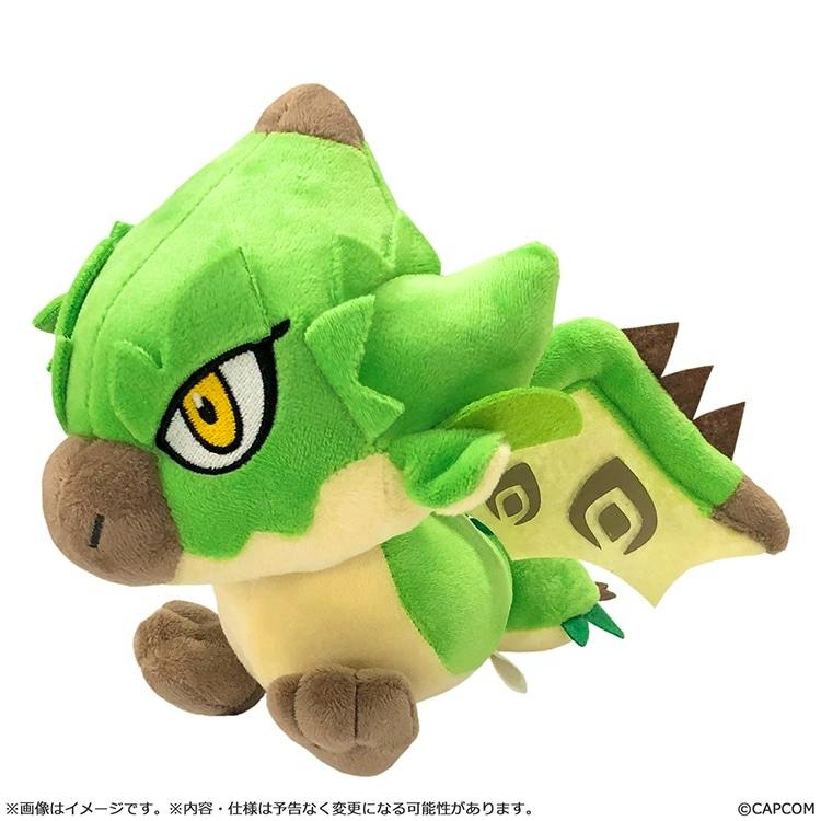 Green and beige Monster Hunter Mondefo (リオレイア) plush toy shown from a three-quarter view.