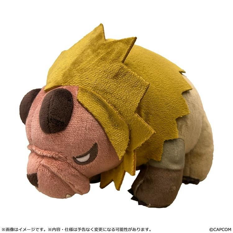 Front-side view of the Monster Hunter モンでふぉ ぬいぐるみ ドシャグマ plush showing its brown body and yellow mane.