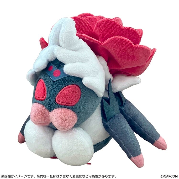 Plush toy of ラバラ・バリナ from Monster Hunter, shown at a front-side angle with a large red flower on its back.