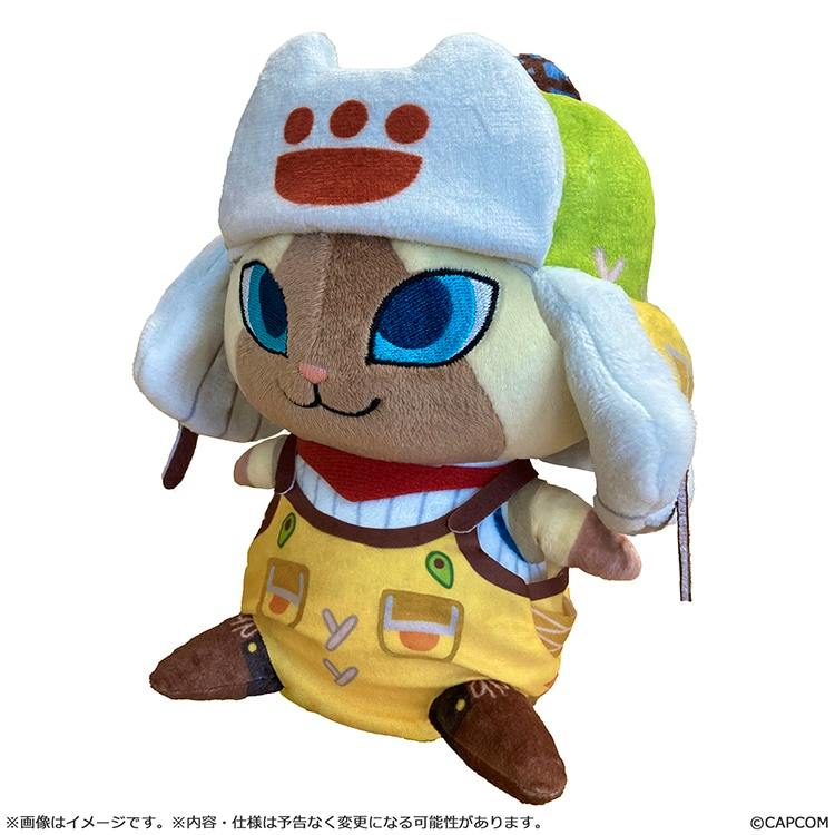 Deformed Otomo Airu (Palico) plush from Monster Hunter WILDs wearing a white hat and yellow outfit on a white background.