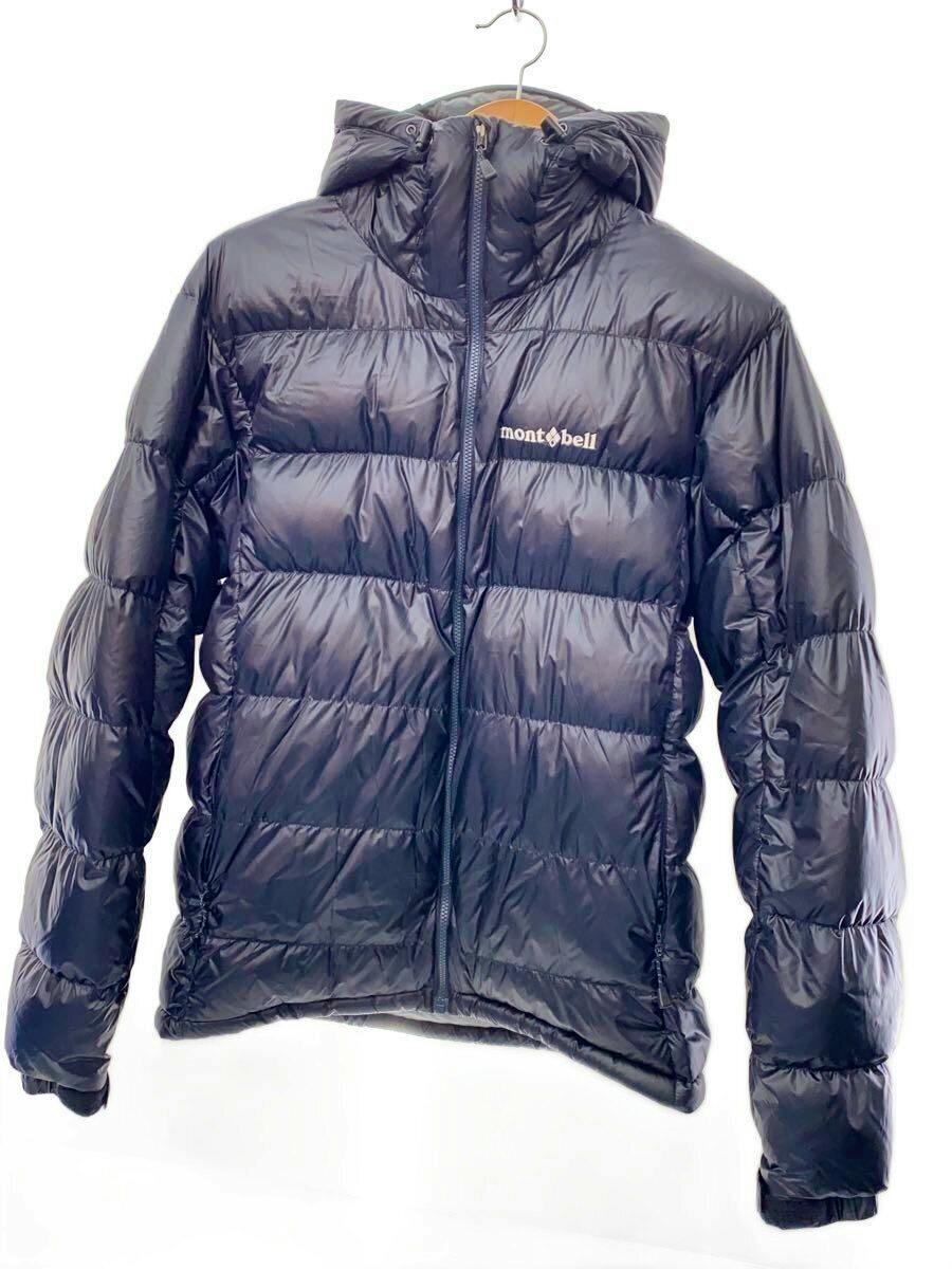 Front view of the black mont-bell ALPINE DOWN PARKA (men's nylon jacket) hanging on a hanger.