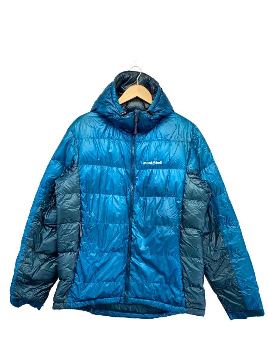Blue mont-bell men's nylon down jacket shown front-on hanging on a wooden hanger.