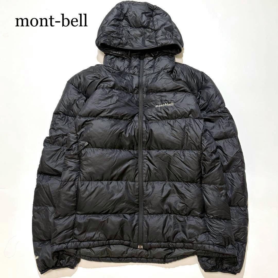 Black mont‑bell down jacket with hood and center zipper laid flat on a white background.