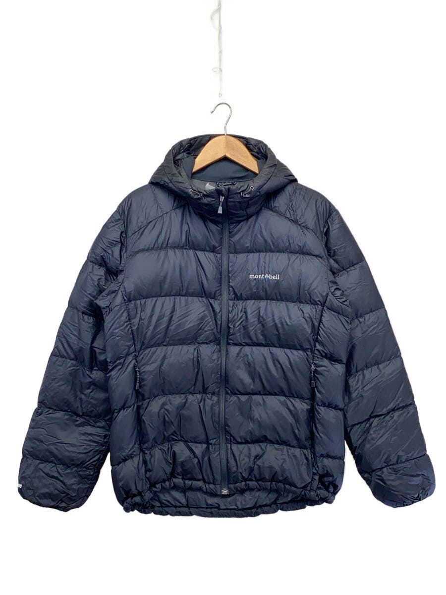 Front view of a black mont-bell light alpine down parka (men's nylon jacket, size L) hanging on a hanger.