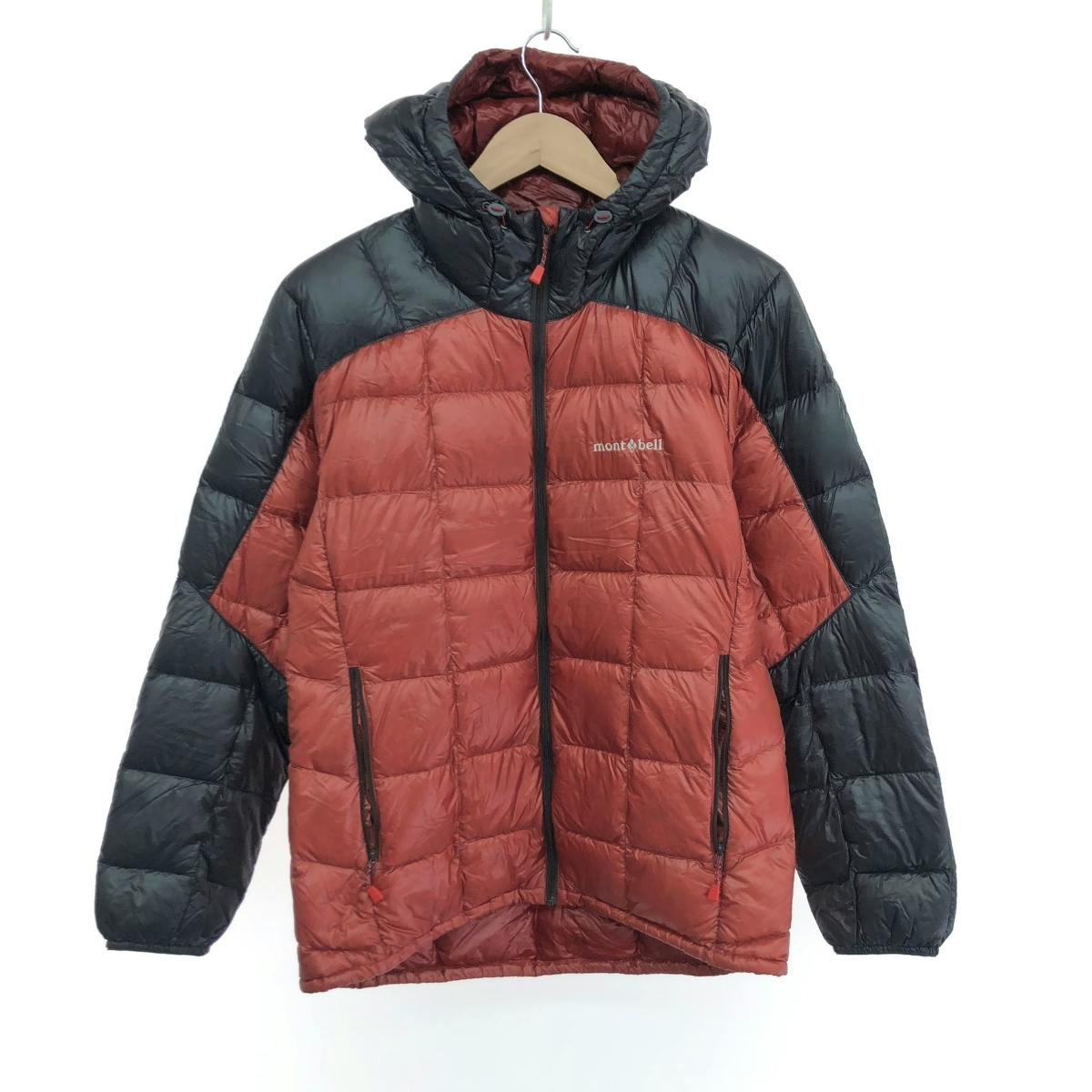 Front view of a mont‑bell men's black and red bicolor down parka (hooded) hanging on a hanger.