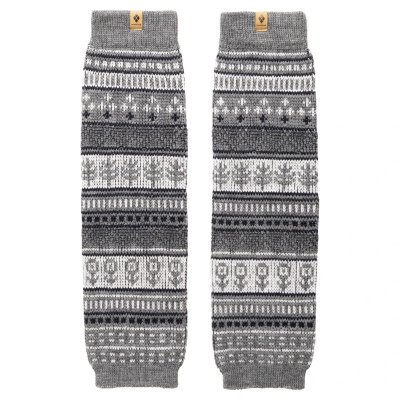 Pair of merino wool jacquard leg warmers laid flat showing their patterned knit design.