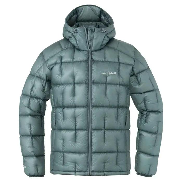Front view of the men's Plasma 1000 Alpine Down Parka, a green nylon down jacket with hood and center zipper.