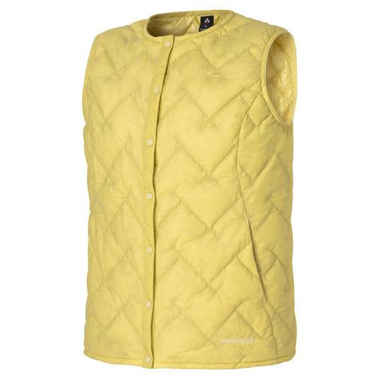 Yellow women's round-neck quilted vest shown on a white background.
