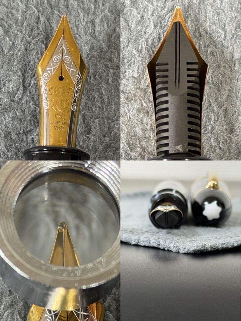 Collage of close-up photos of the fountain pen showing the nib front, nib back/feed, piston chamber, and the cap ends with the white star emblem.