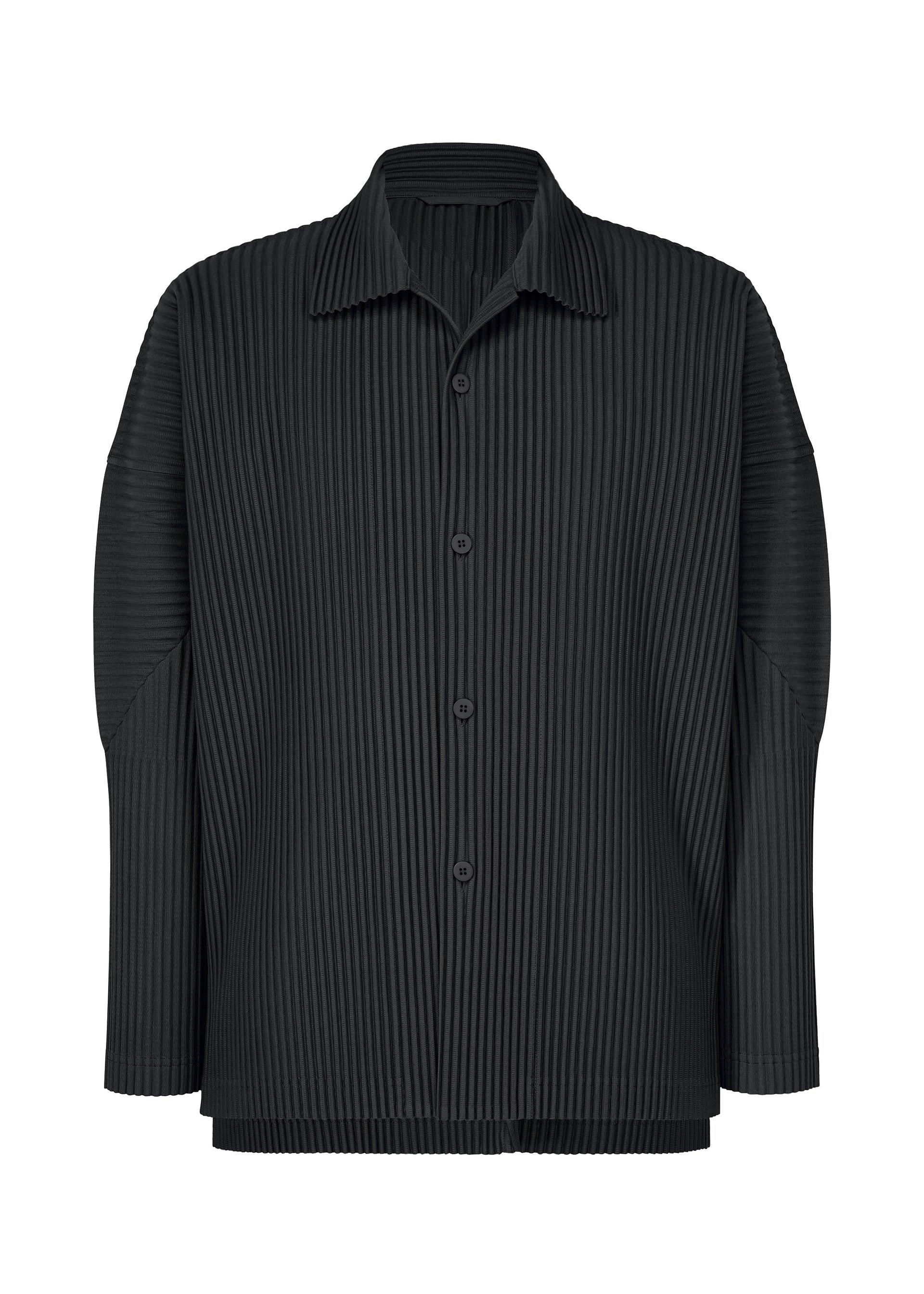Front view of a black pleated men's button-up shirt (polyester) showing collar and buttons.