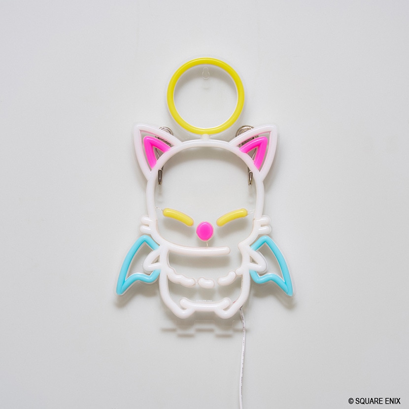 Unlit Moogle neon LED wall light hanging against a white background, showing the character outline, colored neon tubing, and hanging cord.