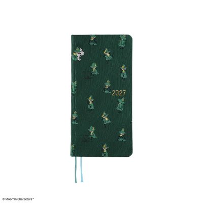 Front view of a green diary cover patterned with repeating Snufkin illustrations and gold "2027" text, with two ribbon bookmarks visible.