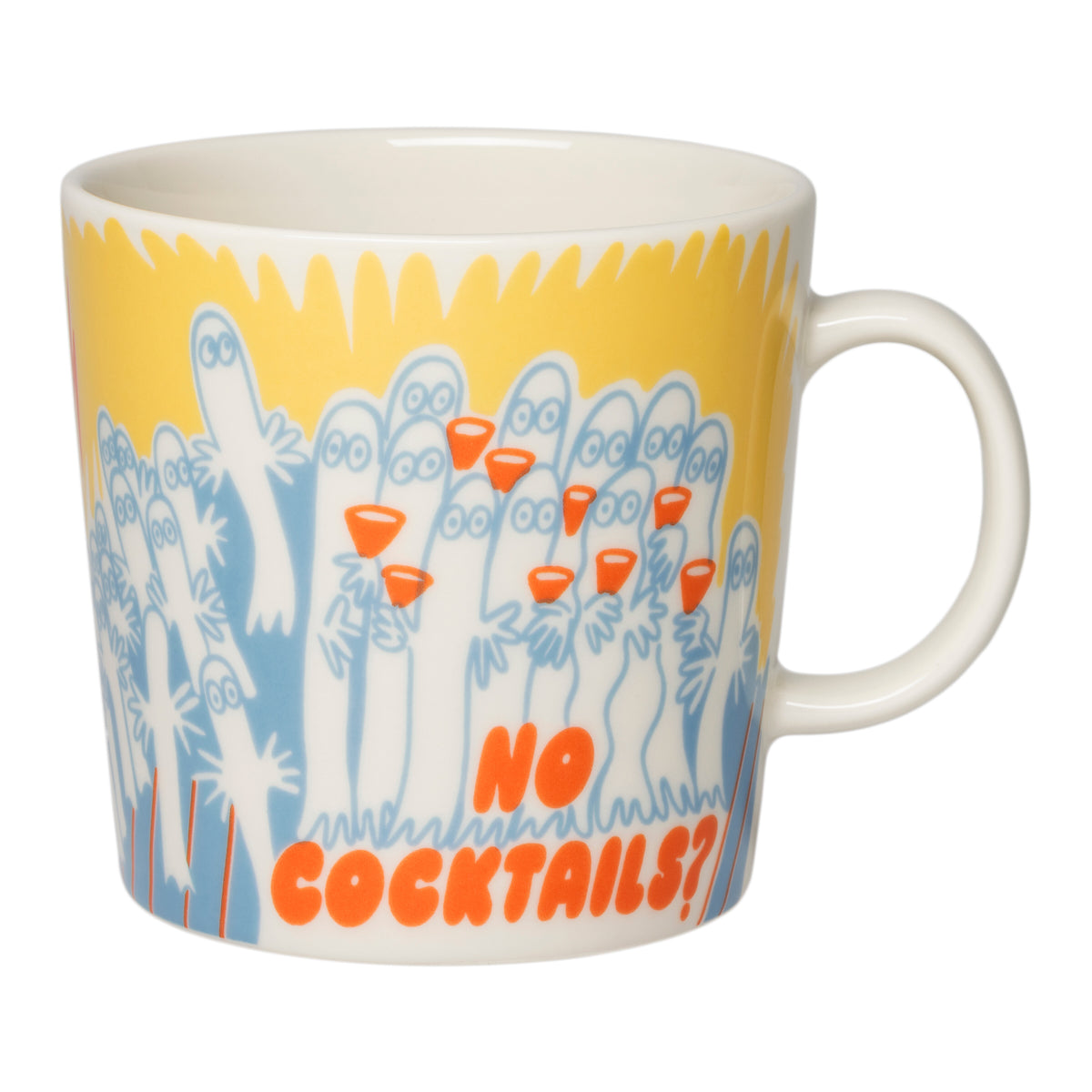 Ceramic mug showing a yellow, blue, and orange Moomin design with the text “NO COCKTAILS?”. 