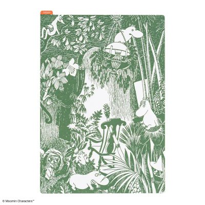 Green Moomin Hobonichi pencil board for planners featuring a forest illustration with Moomin characters.