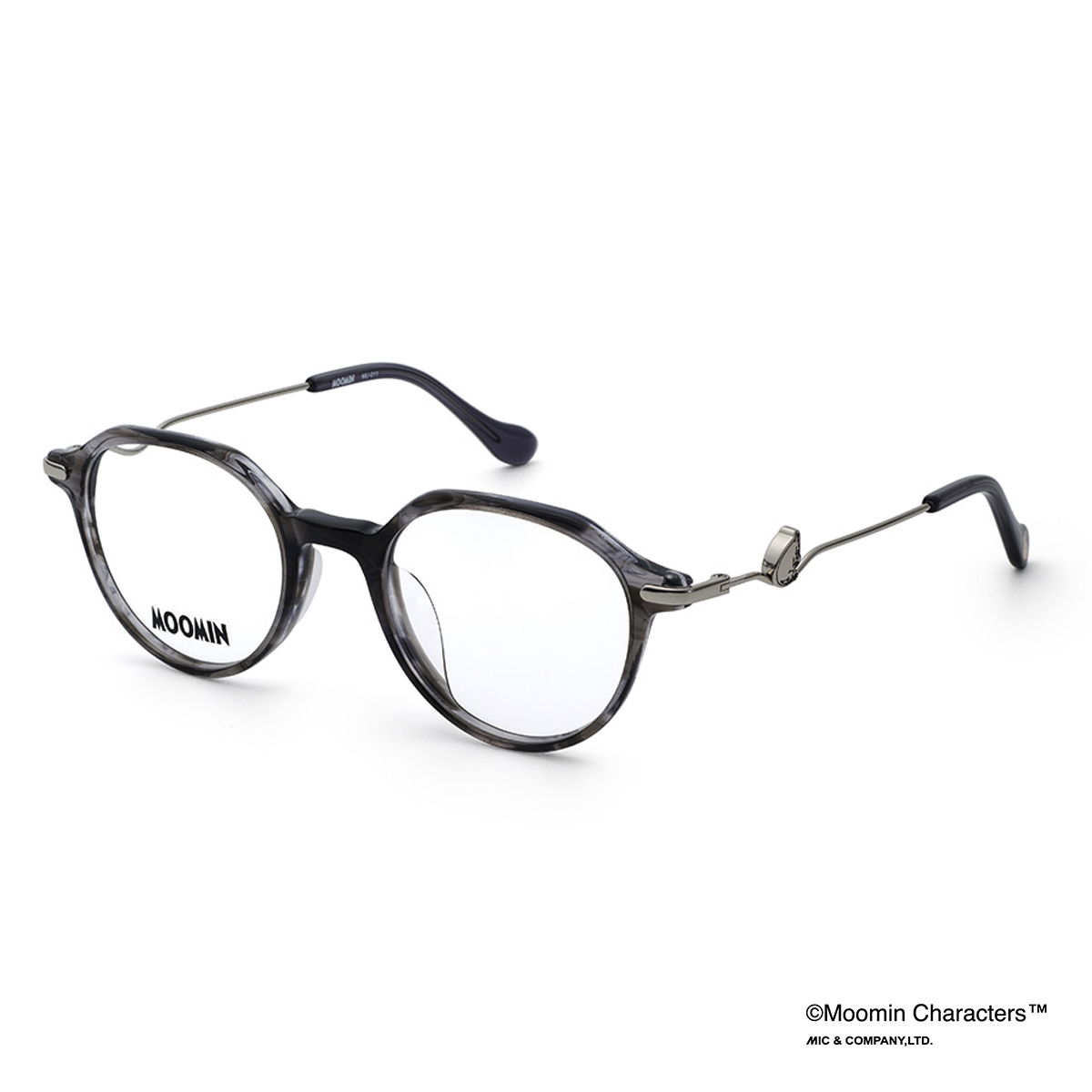 MOOMIN MU-011 black eyeglass frames shown at a three-quarter angle on a white background.