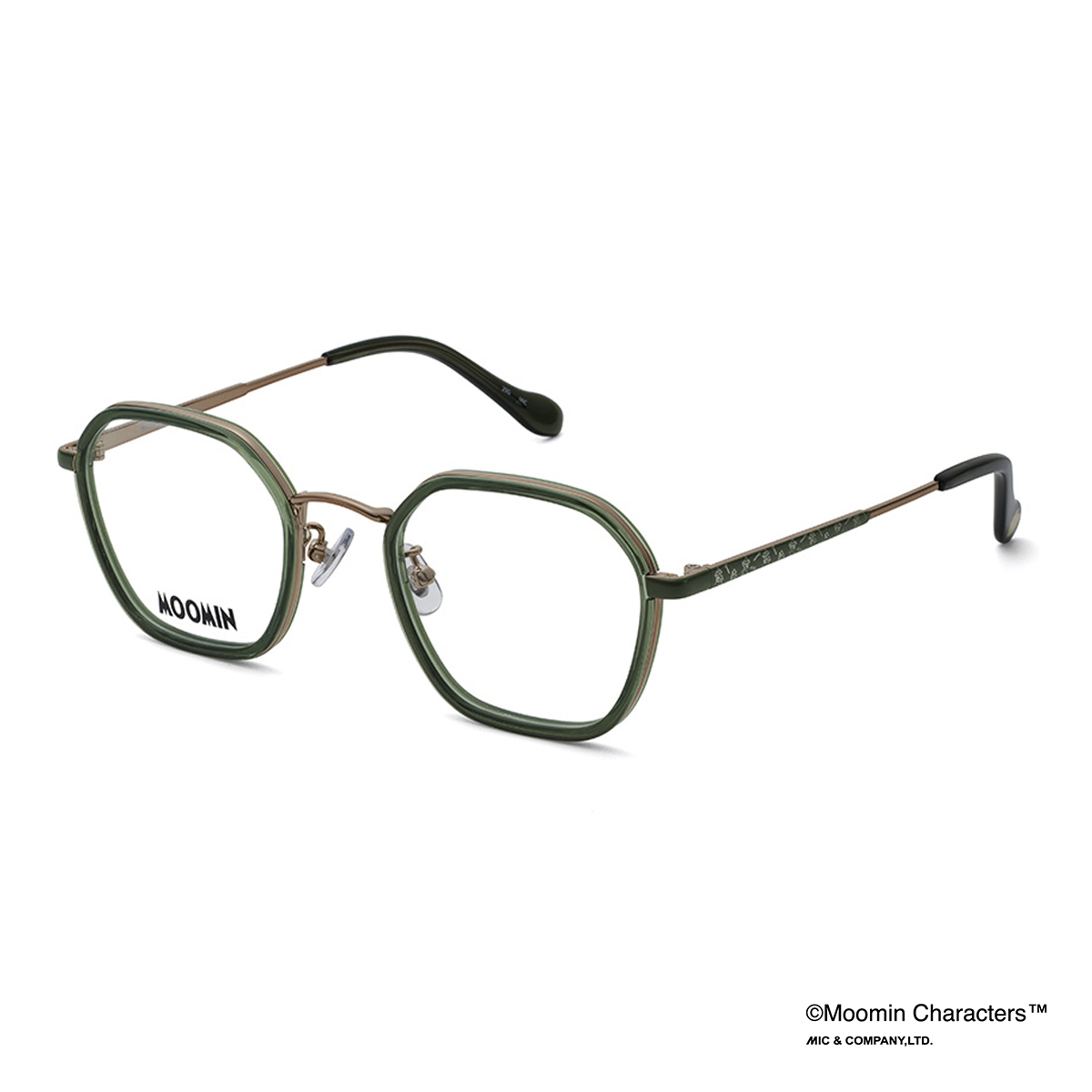 Green MOOMIN MU-013 eyeglass frames (frame only) shown angled on a white background.